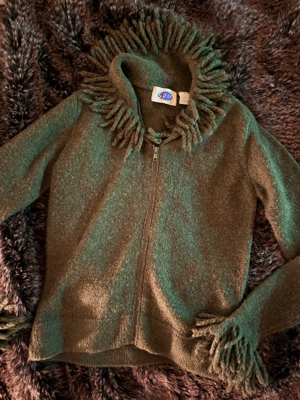 Vintage Fringed Afghan Style Zip Sweater - Matcha Green by Spin Clothing